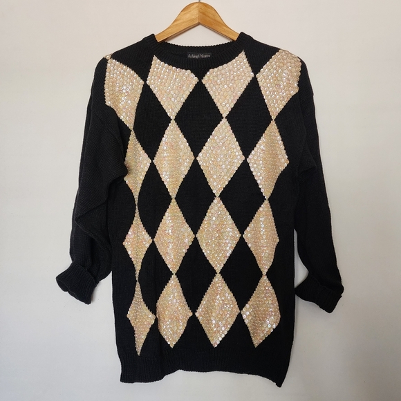 Vintage checkered sequined knit pull over sweater - Picture 5 of 7